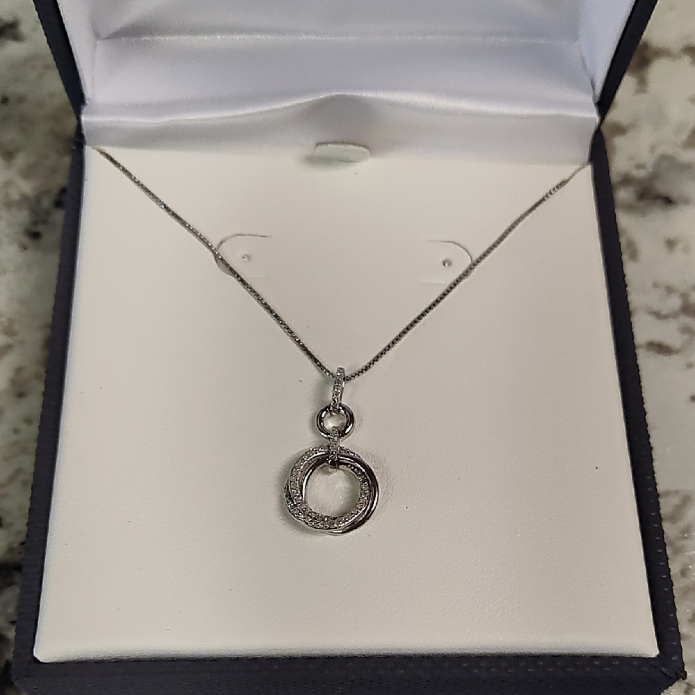 Sterling Silver Double Ring Diamond Pendant Necklace